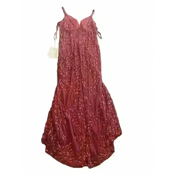 Mac Duggal Plunging V Neck Embellished Leaf Evening Gown 12 Burgundy 5107 Train - Picture 6 of 10